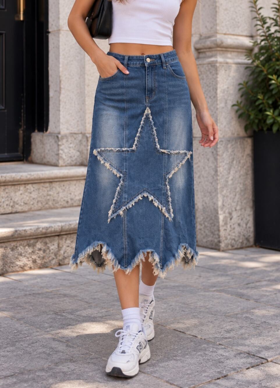ROMWE Denim Maxi Skirt M Blue Distressed Star Raw Hem Y2K Grunge Goth